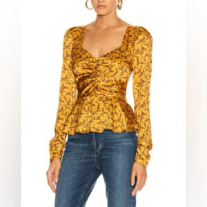 NWOT Jonathan Simkhai Hammered Silk Twist Front Top Yellow Turmeric Print Blouse